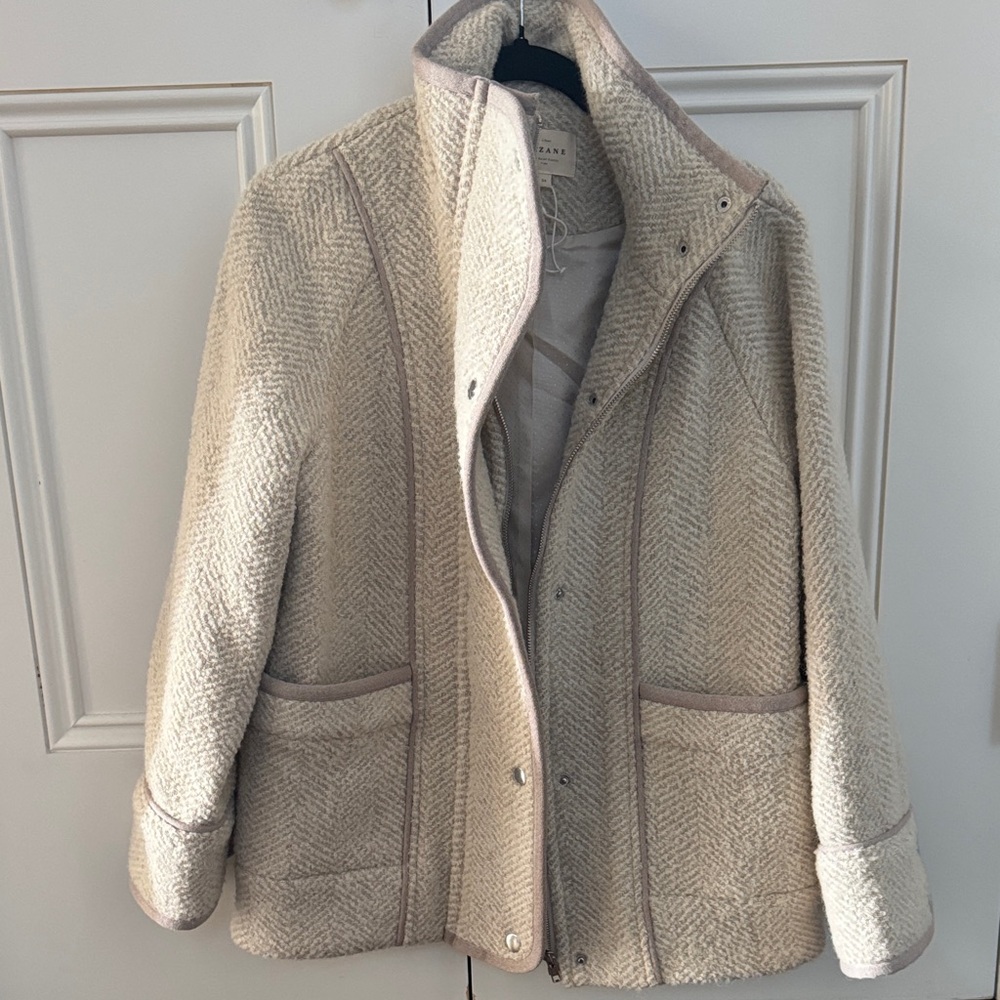 Sézane Wool-Blend Herringbone Coat Jacket in Cream